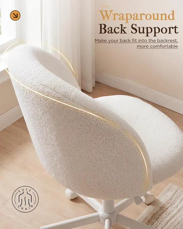 Alt view image 5 of 7 - Vanity Chair with Wheels Velvet Tall Office Chair with Back,Armless Desk Chair Comfy Height Adjustable, Soft Lumbar Support for Girls Bedroom Home Vanity Bow Pillow for Gift,White