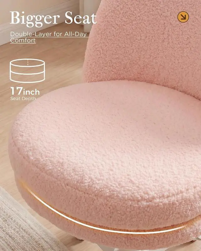 Alt view image 6 of 7 - Vanity Chair with Wheels Velvet Tall Office Chair with Back,Armless Desk Chair Comfy Height Adjustable, Soft Lumbar Support for Girls Bedroom Home Vanity Bow Pillow for Gift Pink