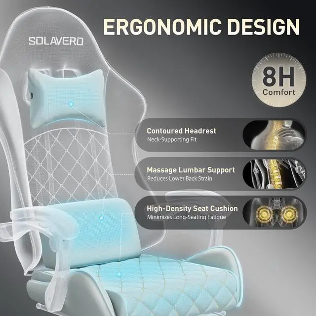 Alt view image 7 of 7 - Massage Recliner Gaming Chair with Footrest for Adults, Blue | 300lbs Capacity, Ergonomic Office Computer Chair, Lumbar Support, Breathable Fabric, Headrest, 360° Swivel, Metal Frame