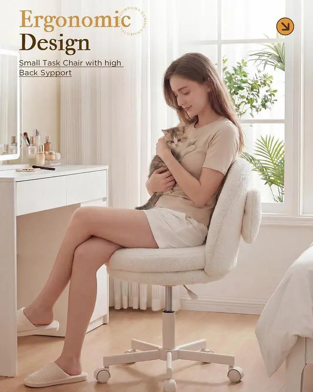 Alt view image 7 of 7 - Vanity Chair with Wheels Velvet Tall Office Chair with Back,Armless Desk Chair Comfy Height Adjustable, Soft Lumbar Support for Girls Bedroom Home Vanity Bow Pillow for Gift,White