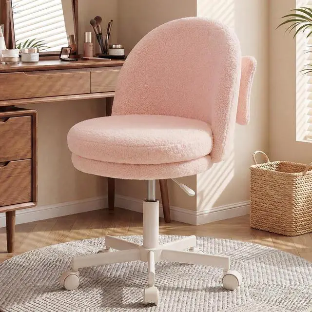 Main image of Vanity Chair with Wheels Velvet Tall Office Chair with Back,Armless Desk Chair Comfy Height Adjustable, Soft Lumbar Support for Girls Bedroom Home Vanity Bow Pillow for Gift Pink