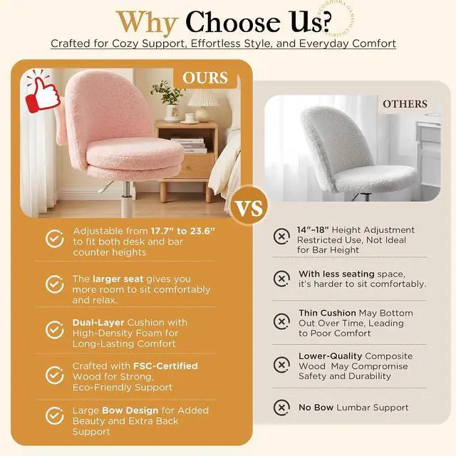 Alt view image 4 of 7 - Vanity Chair with Wheels Velvet Tall Office Chair with Back,Armless Desk Chair Comfy Height Adjustable, Soft Lumbar Support for Girls Bedroom Home Vanity Bow Pillow for Gift Pink