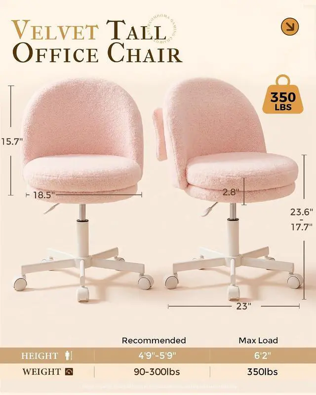Alt view image 2 of 7 - Vanity Chair with Wheels Velvet Tall Office Chair with Back,Armless Desk Chair Comfy Height Adjustable, Soft Lumbar Support for Girls Bedroom Home Vanity Bow Pillow for Gift Pink