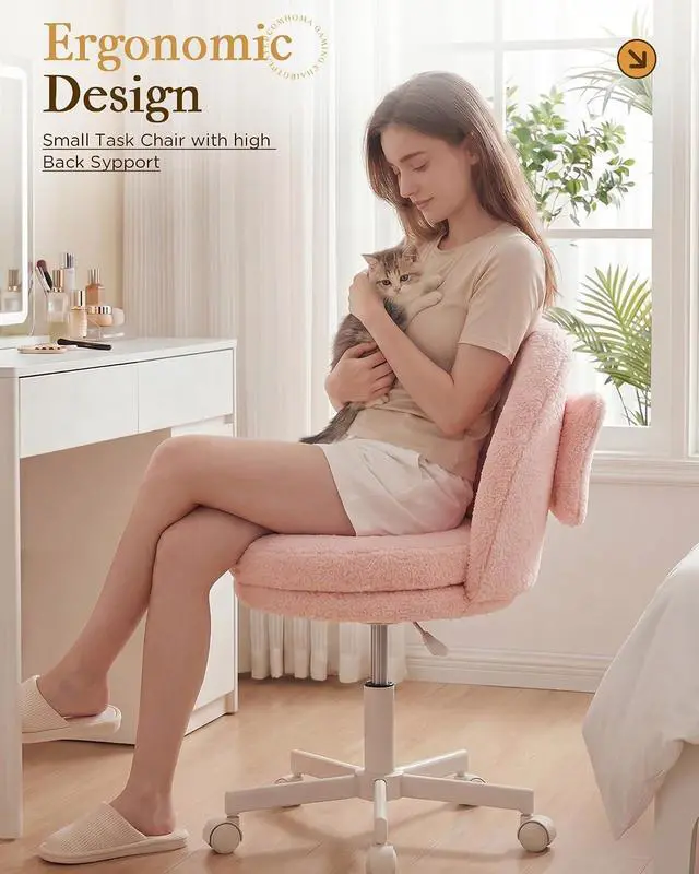Alt view image 3 of 7 - Vanity Chair with Wheels Velvet Tall Office Chair with Back,Armless Desk Chair Comfy Height Adjustable, Soft Lumbar Support for Girls Bedroom Home Vanity Bow Pillow for Gift Pink