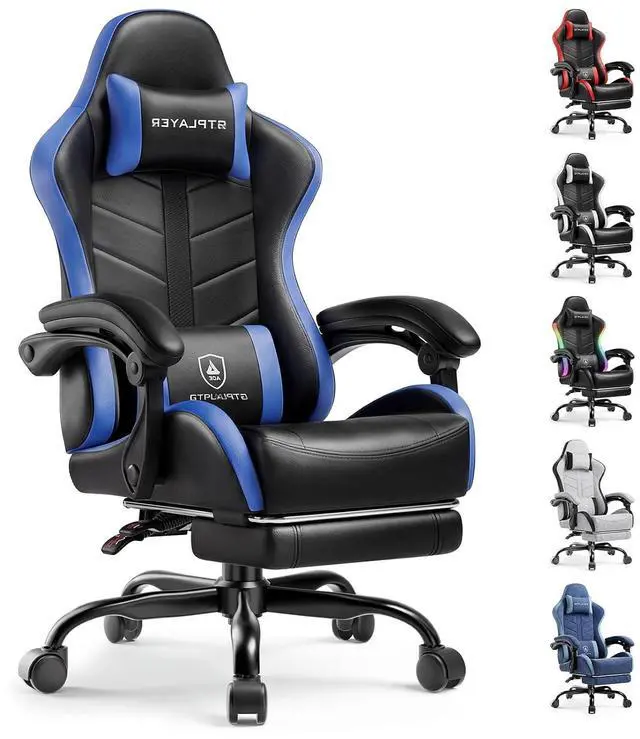 Main image of Gaming Chair with Footrest, Computer Gaming Chair for Adults, Height Adjustable Gamer Chair with 90-155° Recline & Removable Headrest Lumbar Support, Dark Black-Blue