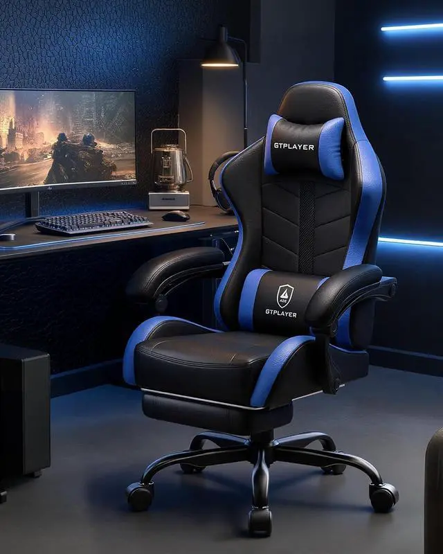 Alt view image 2 of 7 - Gaming Chair with Footrest, Computer Gaming Chair for Adults, Height Adjustable Gamer Chair with 90-155° Recline & Removable Headrest Lumbar Support, Dark Black-Blue