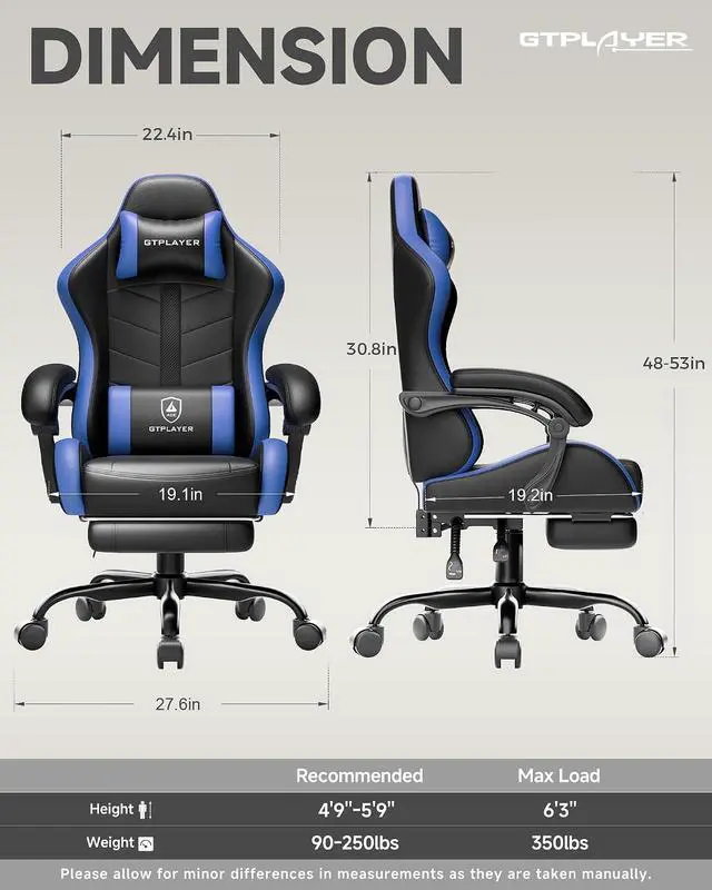 Alt view image 3 of 7 - Gaming Chair with Footrest, Computer Gaming Chair for Adults, Height Adjustable Gamer Chair with 90-155° Recline & Removable Headrest Lumbar Support, Dark Black-Blue