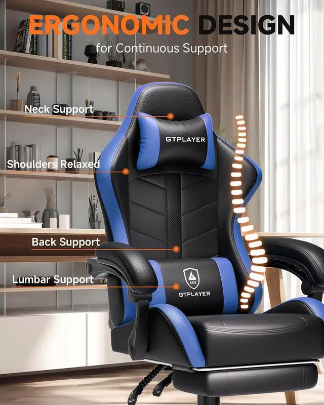 Alt view image 4 of 7 - Gaming Chair with Footrest, Computer Gaming Chair for Adults, Height Adjustable Gamer Chair with 90-155° Recline & Removable Headrest Lumbar Support, Dark Black-Blue