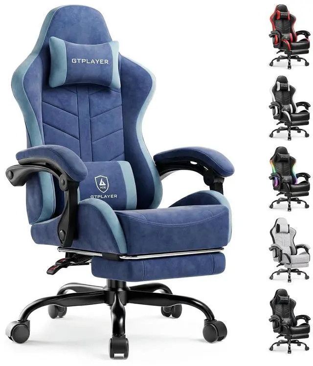 Main image of Gaming Chair with Footrest, Computer Gaming Chair for Adults, Height Adjustable Gamer Chair with 90-155° Recline & Removable Headrest Lumbar Support,Performance Fabric Blue