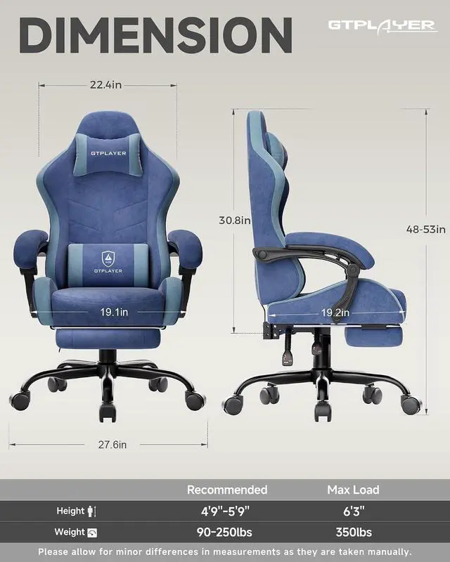 Alt view image 3 of 7 - Gaming Chair with Footrest, Computer Gaming Chair for Adults, Height Adjustable Gamer Chair with 90-155° Recline & Removable Headrest Lumbar Support,Performance Fabric Blue