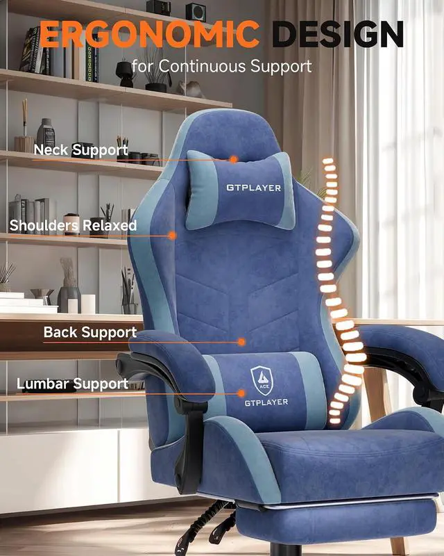 Alt view image 4 of 7 - Gaming Chair with Footrest, Computer Gaming Chair for Adults, Height Adjustable Gamer Chair with 90-155° Recline & Removable Headrest Lumbar Support,Performance Fabric Blue