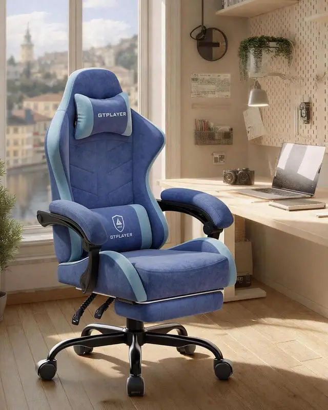 Alt view image 2 of 7 - Gaming Chair with Footrest, Computer Gaming Chair for Adults, Height Adjustable Gamer Chair with 90-155° Recline & Removable Headrest Lumbar Support,Performance Fabric Blue