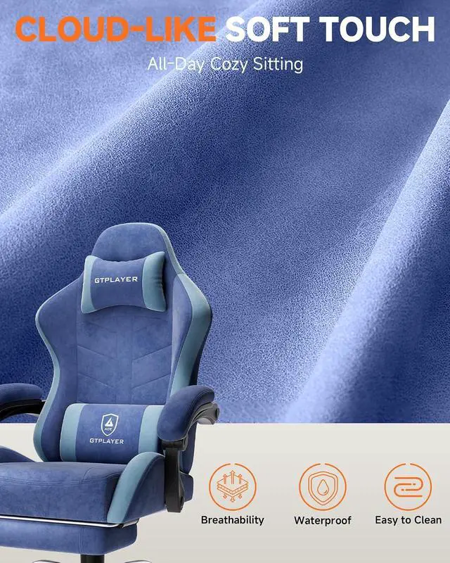 Alt view image 6 of 7 - Gaming Chair with Footrest, Computer Gaming Chair for Adults, Height Adjustable Gamer Chair with 90-155° Recline & Removable Headrest Lumbar Support,Performance Fabric Blue
