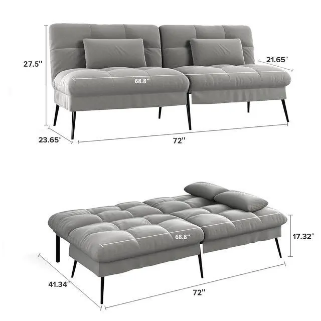 Alt view image 2 of 7 - Futon Sofa Bed, 72 Convertible Sleeper Sofa, Upholstered Loveseat | Adjustable fabric foldable couch, multi-angle reclining loveseat with pillows,futon set for living room, apartment, office