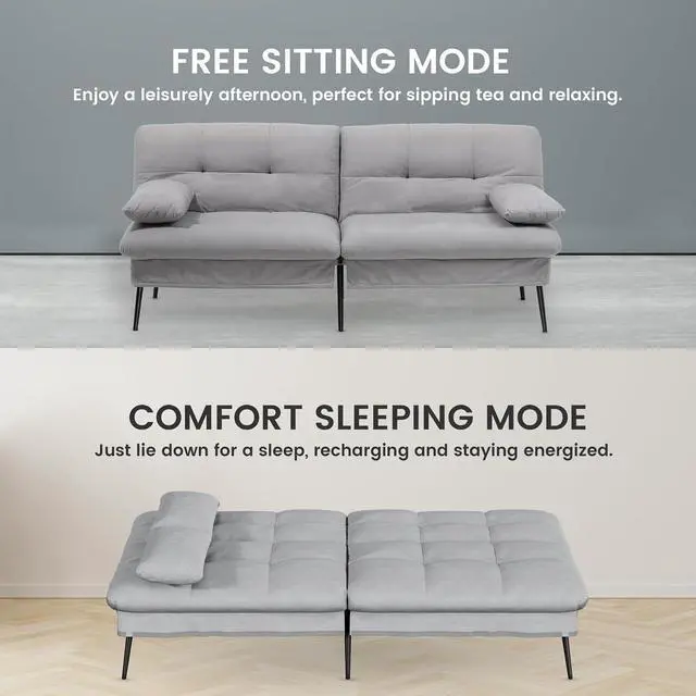 Alt view image 7 of 7 - Futon Sofa Bed, 72 Convertible Sleeper Sofa, Upholstered Loveseat | Adjustable fabric foldable couch, multi-angle reclining loveseat with pillows,futon set for living room, apartment, office