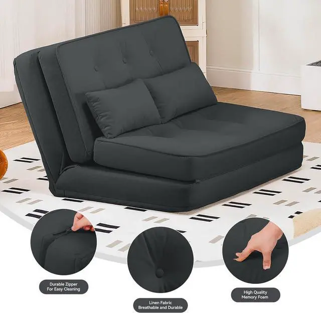 Alt view image 4 of 6 - Folding Sofa Bed,Convertible Sleeper Chair with Pillows,Fold Out Chair Bed&Fabric Floor Couch,Foldable Mattress with Adjustable Backrest for Living Room,Guest Room,Dorm (Black)