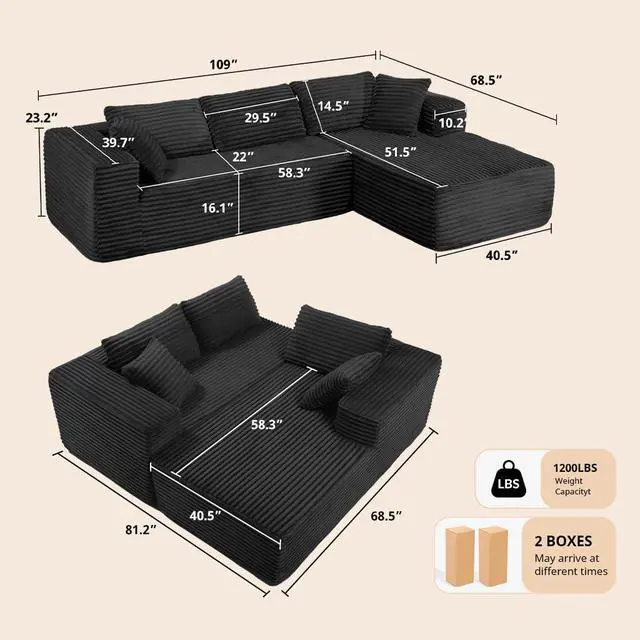 Alt view image 2 of 7 - 105Modular Sectional Sofa with Deep Seat,Cloud Upholstered L-Shape Couch Wide Arms Corduroy Fabric High-Density Foam Chaise Lounge for Living Room No Assembly Required