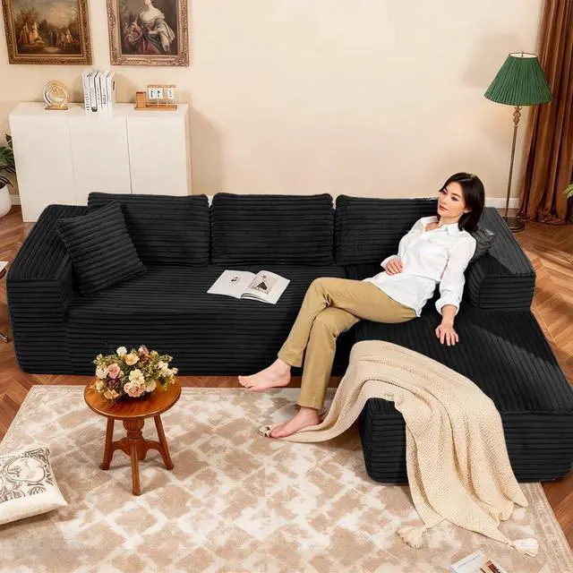 Alt view image 4 of 7 - 105Modular Sectional Sofa with Deep Seat,Cloud Upholstered L-Shape Couch Wide Arms Corduroy Fabric High-Density Foam Chaise Lounge for Living Room No Assembly Required