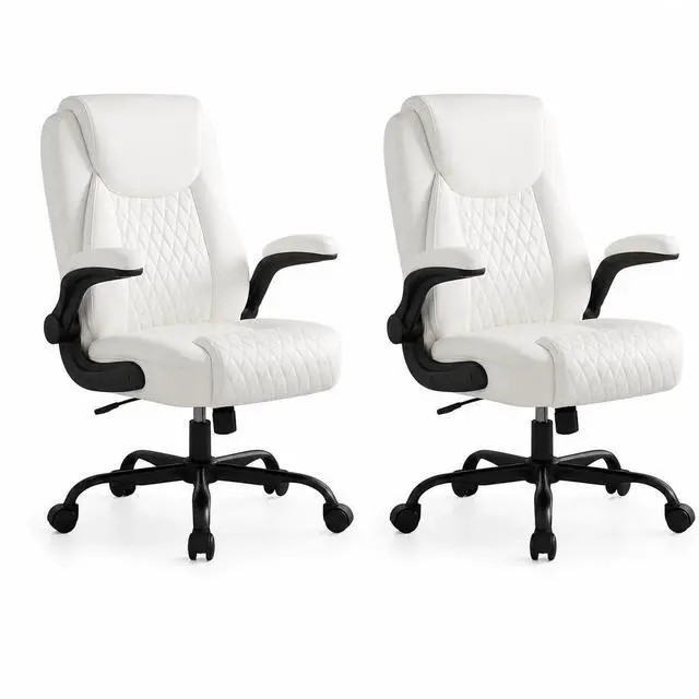 Main image of White Office Desk Chair with 90° Flip-up Arm, 2 Pack | Leather Chair for Home, Ergonomic Design Office Chair, Computer Desk Chair for Gaming, Adjustable Height