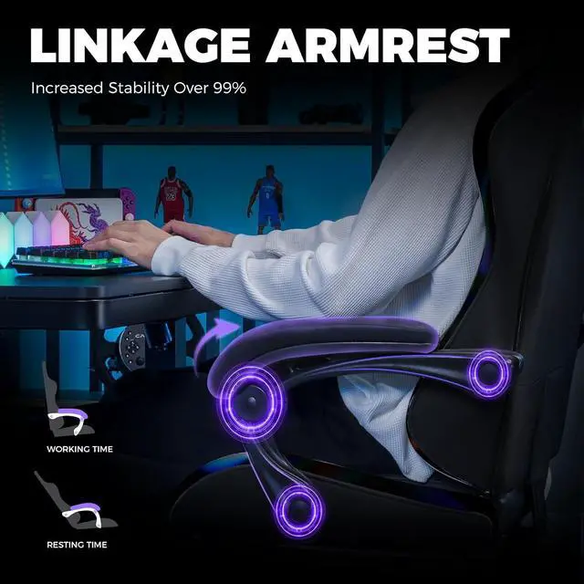 Alt view image 7 of 7 - Gaming Chair with Footrest, Computer Gaming Chair for Adults, Height Adjustable Gamer Chair with 90-155° Recline & Removable Headrest Lumbar Support, Colorful Black