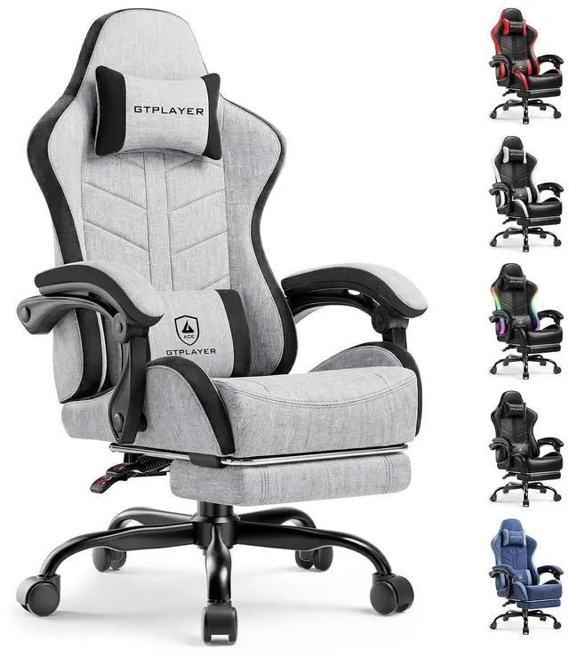 Main image of Gaming Chair with Footrest, Computer Gaming Chair for Adults, Height Adjustable Gamer Chair with 90-155° Recline & Removable Headrest Lumbar Support,Linen Fabric Gray-Black