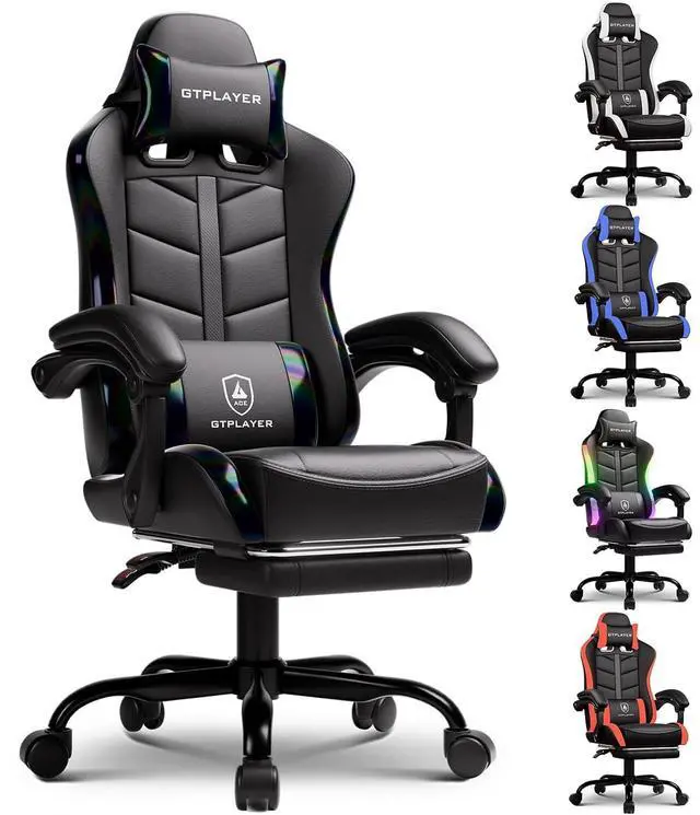 Main image of Gaming Chair with Footrest, Computer Gaming Chair for Adults, Height Adjustable Gamer Chair with 90-155° Recline & Removable Headrest Lumbar Support, Colorful Black