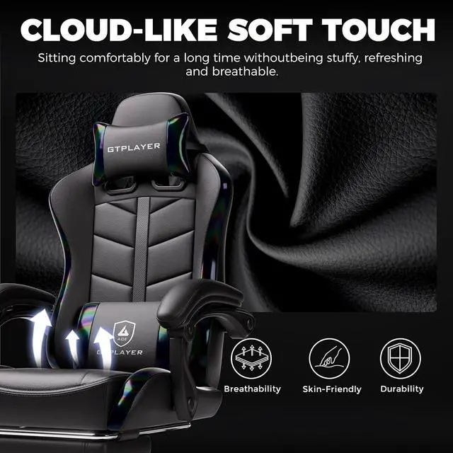 Alt view image 4 of 7 - Gaming Chair with Footrest, Computer Gaming Chair for Adults, Height Adjustable Gamer Chair with 90-155° Recline & Removable Headrest Lumbar Support, Colorful Black