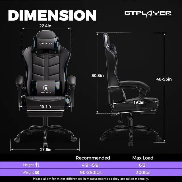 Alt view image 3 of 7 - Gaming Chair with Footrest, Computer Gaming Chair for Adults, Height Adjustable Gamer Chair with 90-155° Recline & Removable Headrest Lumbar Support, Colorful Black