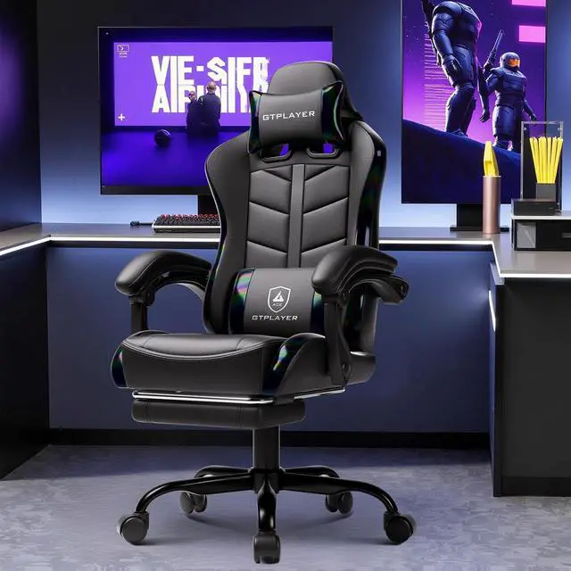 Alt view image 2 of 7 - Gaming Chair with Footrest, Computer Gaming Chair for Adults, Height Adjustable Gamer Chair with 90-155° Recline & Removable Headrest Lumbar Support, Colorful Black
