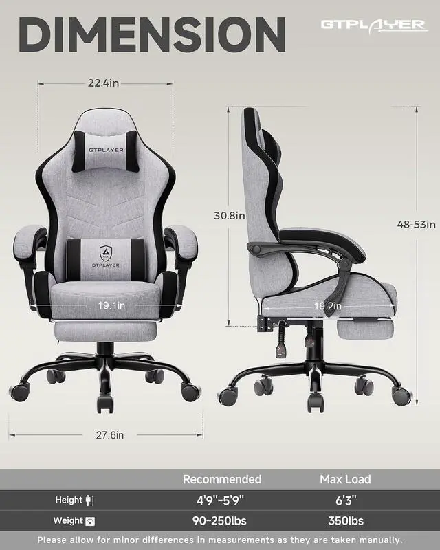 Alt view image 3 of 7 - Gaming Chair with Footrest, Computer Gaming Chair for Adults, Height Adjustable Gamer Chair with 90-155° Recline & Removable Headrest Lumbar Support,Linen Fabric Gray-Black