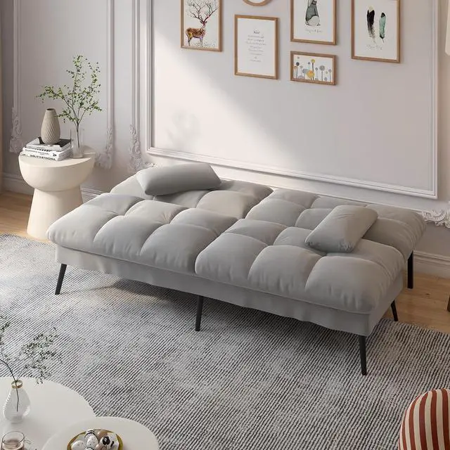 Alt view image 3 of 7 - Futon Sofa Bed, 72 Convertible Sleeper Sofa, Upholstered Loveseat | Adjustable fabric foldable couch, multi-angle reclining loveseat with pillows,futon set for living room, apartment, office