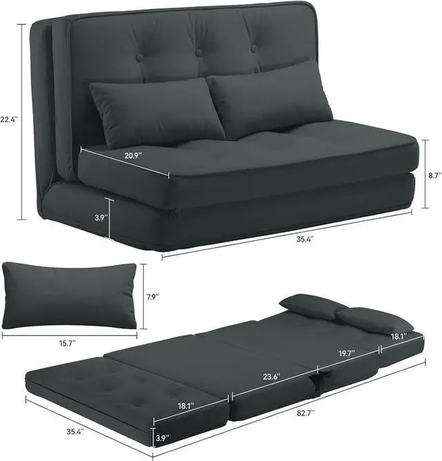 Alt view image 2 of 6 - Folding Sofa Bed,Convertible Sleeper Chair with Pillows,Fold Out Chair Bed&Fabric Floor Couch,Foldable Mattress with Adjustable Backrest for Living Room,Guest Room,Dorm (Black)