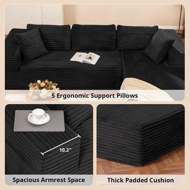 Alt view image 6 of 7 - 105Modular Sectional Sofa with Deep Seat,Cloud Upholstered L-Shape Couch Wide Arms Corduroy Fabric High-Density Foam Chaise Lounge for Living Room No Assembly Required