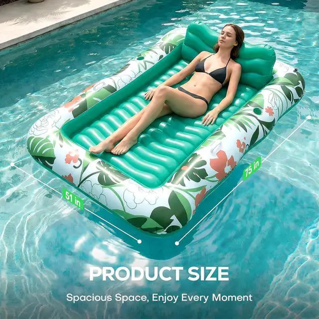 Alt view image 2 of 7 - 75''×51'' Inflatable Tanning Pool Lounger Float, Pool Floats Adult 6 in 1 Suntan Tub Raft Floatie with Cup Holder & Removable Pillow, Tanning Bed for Sunbathing, Summer Party and Family Fun