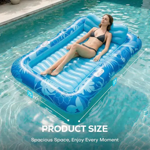 Alt view image 2 of 7 - 75''×51'' Inflatable Tanning Pool Lounger Float, Pool Floats Adult 6 in 1 Suntan Tub Raft Floatie with Cup Holder & Removable Pillow, Tanning Bed for Sunbathing, Summer Party and Family Fun