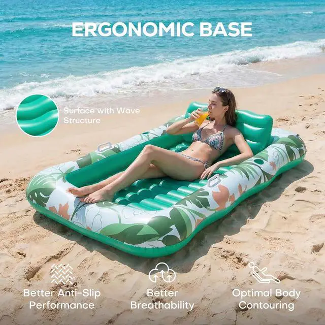 Alt view image 6 of 7 - 75''×51'' Inflatable Tanning Pool Lounger Float, Pool Floats Adult 6 in 1 Suntan Tub Raft Floatie with Cup Holder & Removable Pillow, Tanning Bed for Sunbathing, Summer Party and Family Fun