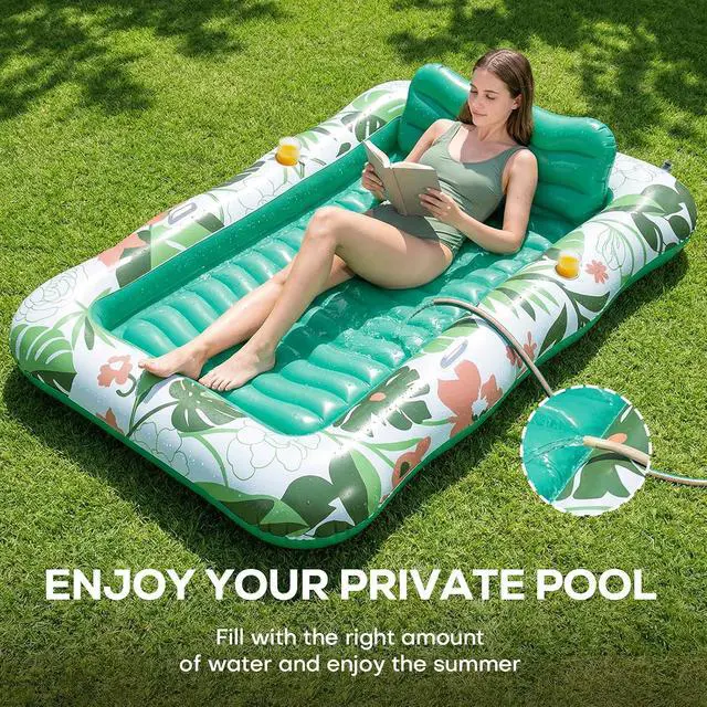 Alt view image 3 of 7 - 75''×51'' Inflatable Tanning Pool Lounger Float, Pool Floats Adult 6 in 1 Suntan Tub Raft Floatie with Cup Holder & Removable Pillow, Tanning Bed for Sunbathing, Summer Party and Family Fun