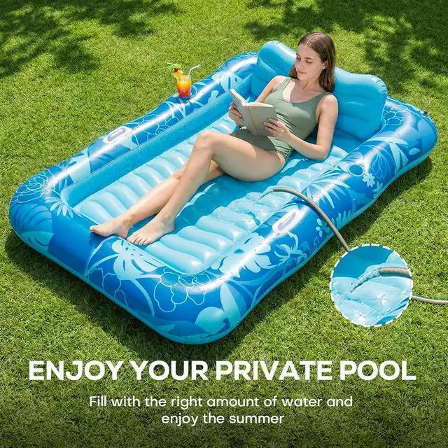 Alt view image 3 of 7 - 75''×51'' Inflatable Tanning Pool Lounger Float, Pool Floats Adult 6 in 1 Suntan Tub Raft Floatie with Cup Holder & Removable Pillow, Tanning Bed for Sunbathing, Summer Party and Family Fun