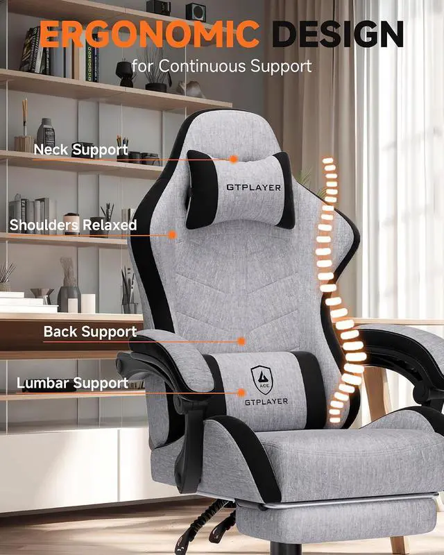Alt view image 4 of 7 - Gaming Chair with Footrest, Computer Gaming Chair for Adults, Height Adjustable Gamer Chair with 90-155° Recline & Removable Headrest Lumbar Support,Linen Fabric Gray-Black