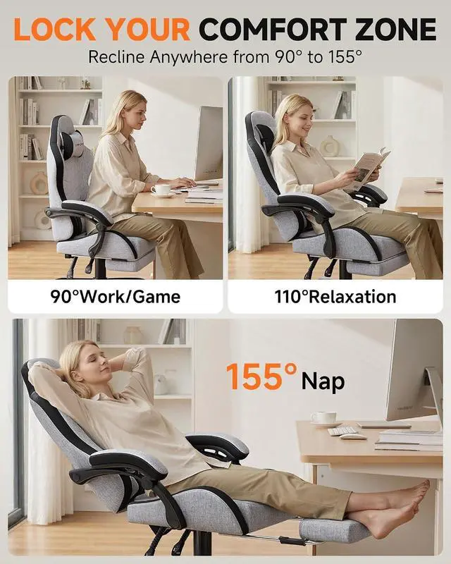 Alt view image 5 of 7 - Gaming Chair with Footrest, Computer Gaming Chair for Adults, Height Adjustable Gamer Chair with 90-155° Recline & Removable Headrest Lumbar Support,Linen Fabric Gray-Black