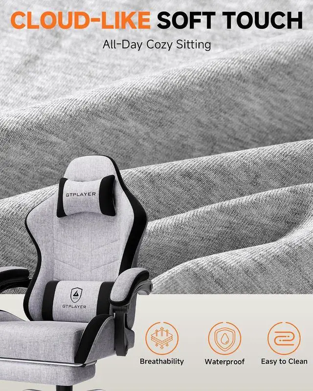 Alt view image 6 of 7 - Gaming Chair with Footrest, Computer Gaming Chair for Adults, Height Adjustable Gamer Chair with 90-155° Recline & Removable Headrest Lumbar Support,Linen Fabric Gray-Black
