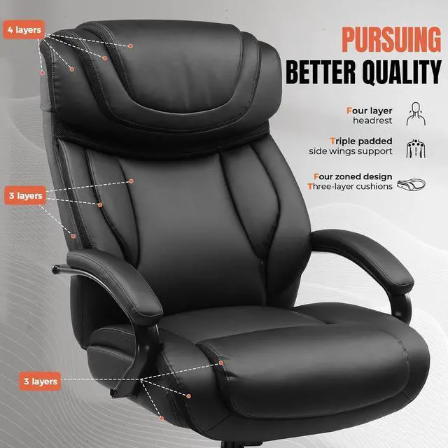 Alt view image 4 of 7 - Big and Tall Office Chair 500lbs Executive Chair Heavy Duty Extra Wide Seat, High Back Ergonomic Computer Chair Large Comfy Desk Chair Tilt Rock Adjustable Headrest