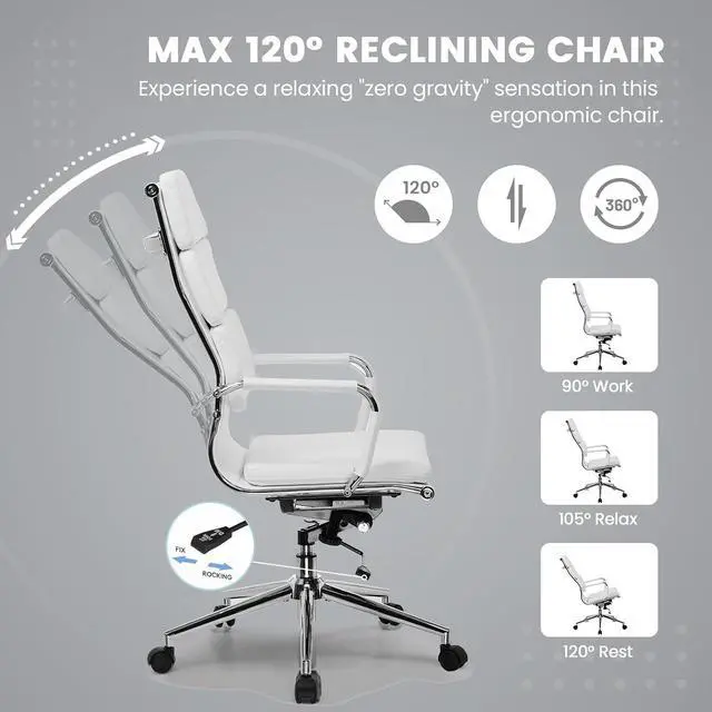 Alt view image 3 of 7 - Modern White High Back Ergonomic Office Chair with Lumbar Support, Adjustable Height, Bonded Leather, Wheels