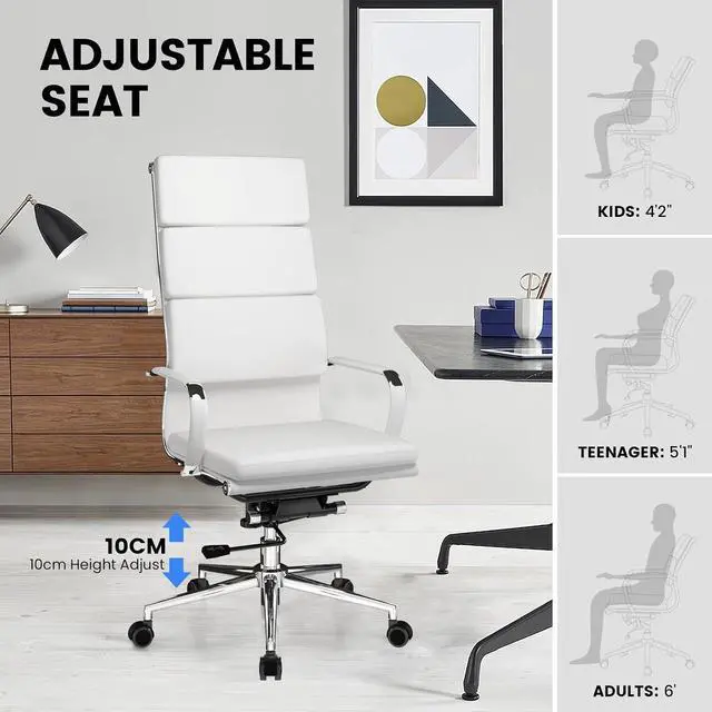 Alt view image 4 of 7 - Modern White High Back Ergonomic Office Chair with Lumbar Support, Adjustable Height, Bonded Leather, Wheels