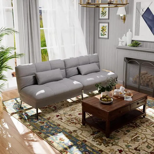 Alt view image 6 of 7 - Futon Sofa Bed, 72 Convertible Sleeper Sofa, Upholstered Loveseat | Adjustable fabric foldable couch, multi-angle reclining loveseat with pillows,futon set for living room, apartment, office