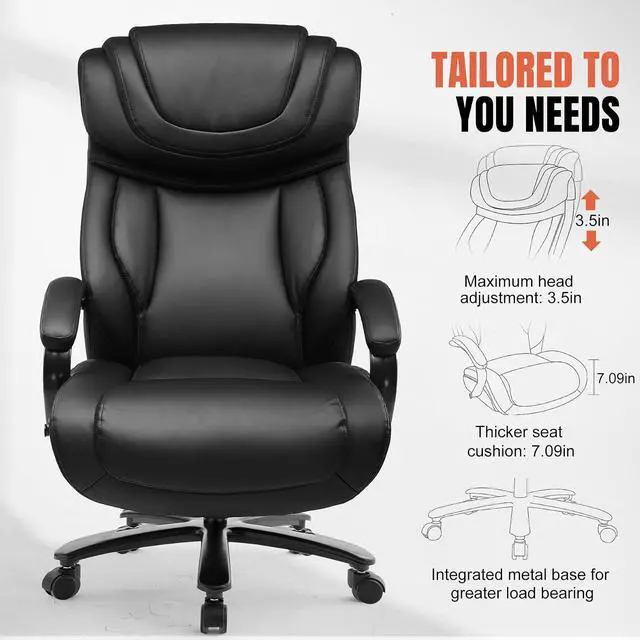 Alt view image 5 of 7 - Big and Tall Office Chair 500lbs Executive Chair Heavy Duty Extra Wide Seat, High Back Ergonomic Computer Chair Large Comfy Desk Chair Tilt Rock Adjustable Headrest