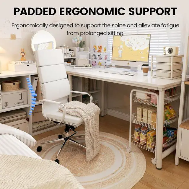 Alt view image 2 of 7 - Modern White High Back Ergonomic Office Chair with Lumbar Support, Adjustable Height, Bonded Leather, Wheels