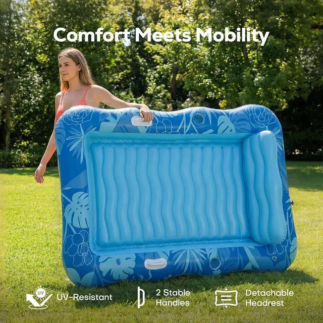 Alt view image 5 of 7 - 75''×51'' Inflatable Tanning Pool Lounger Float, Pool Floats Adult 6 in 1 Suntan Tub Raft Floatie with Cup Holder & Removable Pillow, Tanning Bed for Sunbathing, Summer Party and Family Fun