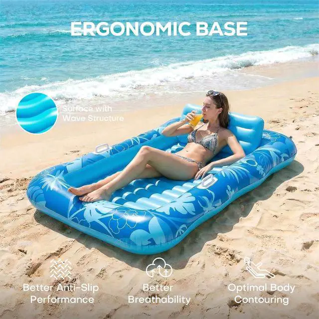 Alt view image 6 of 7 - 75''×51'' Inflatable Tanning Pool Lounger Float, Pool Floats Adult 6 in 1 Suntan Tub Raft Floatie with Cup Holder & Removable Pillow, Tanning Bed for Sunbathing, Summer Party and Family Fun