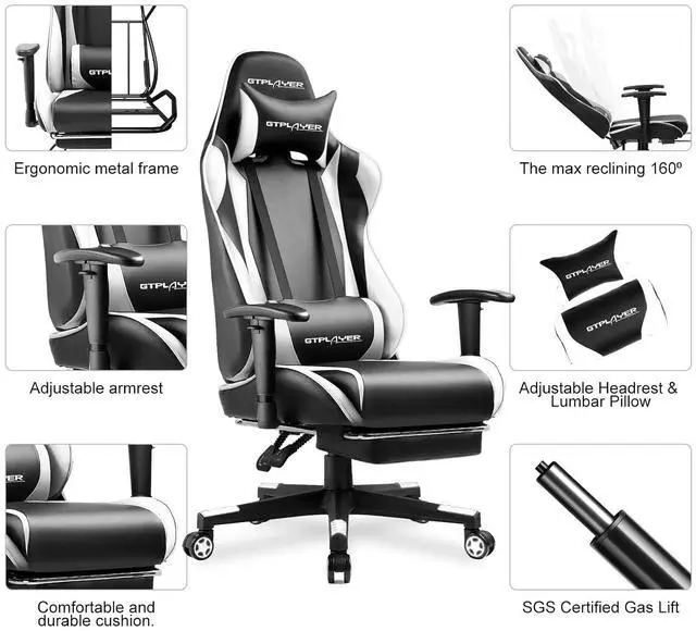 Alt view image 7 of 7 - Gaming Chair with Footrest, Ergonomic Computer Game Desk Chair, Reclining Game Chair Seat Height Adjustment, Swivel Rocker with Headrest and Lumbar (White)
